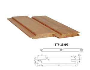 Dve dosky Obklad na stenu STP 15x92 mm ThermoWood® od spoločnosti Oy Lunawood Ltd. s hranami na pero a drážku sa objavujú nad ich podrobným výkresom v priereze - ideálne pre sauny a interiéry.