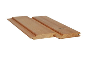 Dve dosky Oy Lunawood Ltd Obklad na stenu STP 15x92 mm ThermoWood® s hranami s perom a drážkou sú vedľa seba na bielom pozadí. Na svetlohnedých doskách je vidieť kresbu dreva a suky - ideálne na použitie v saune alebo v interiéri.