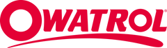Červené logo OWATROL s tučnými veľkými písmenami a hrubým podčiarknutím, ktoré sa od písmena O stáča nahor a prechádza pod slovom. Písmeno O je veľké a okrúhle. Pozadie je biele.