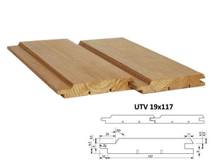 Nad technickým výkresom s označením Drevený obklad UTV 19x117 mm ThermoWood® od spoločnosti Oy Lunawood Ltd. sú zobrazené dve drevené zámkové dosky z tatranského profilu s vyznačením ich rozmerov a profilových detailov.