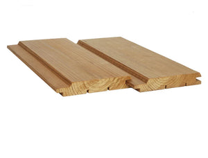 Dve Drevený obklad UTV 19x117 mm ThermoWood® dosky od spoločnosti Oy Lunawood Ltd., svetlohnedej farby so vzájomne prepojenými hranami pera a drážky pripomínajúcimi tatranský profil, sú umiestnené vedľa seba na bielom pozadí.